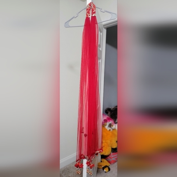 Red Readymade Embroidered Suit With Bandhej Sharara - Picture 6 of 9